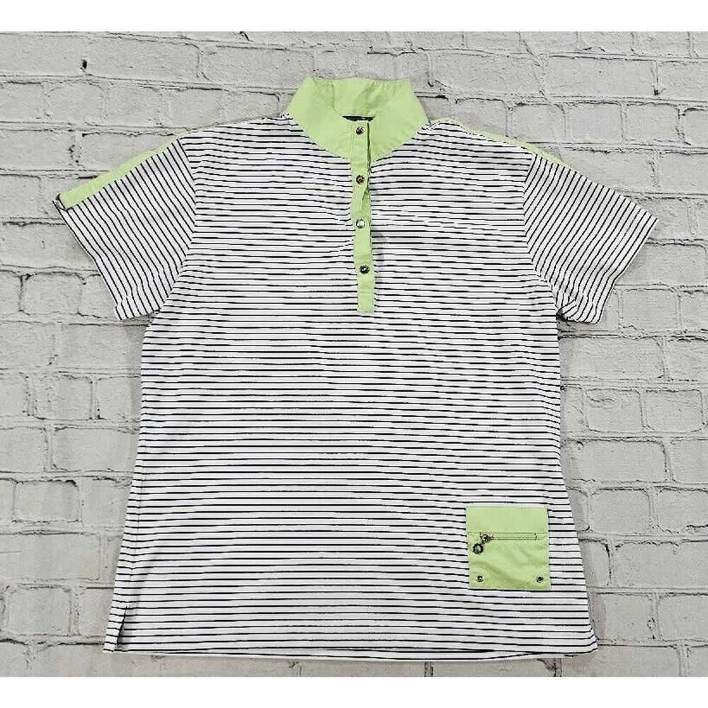 ASTRA Black White Striped Lime Green Accent Golf Shirt WOMENS SIZE SMALL